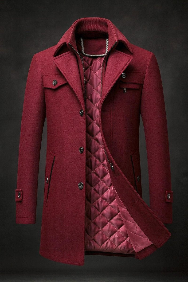 Men's Wool Blend Winter Coat Quilted Lining Double Collar