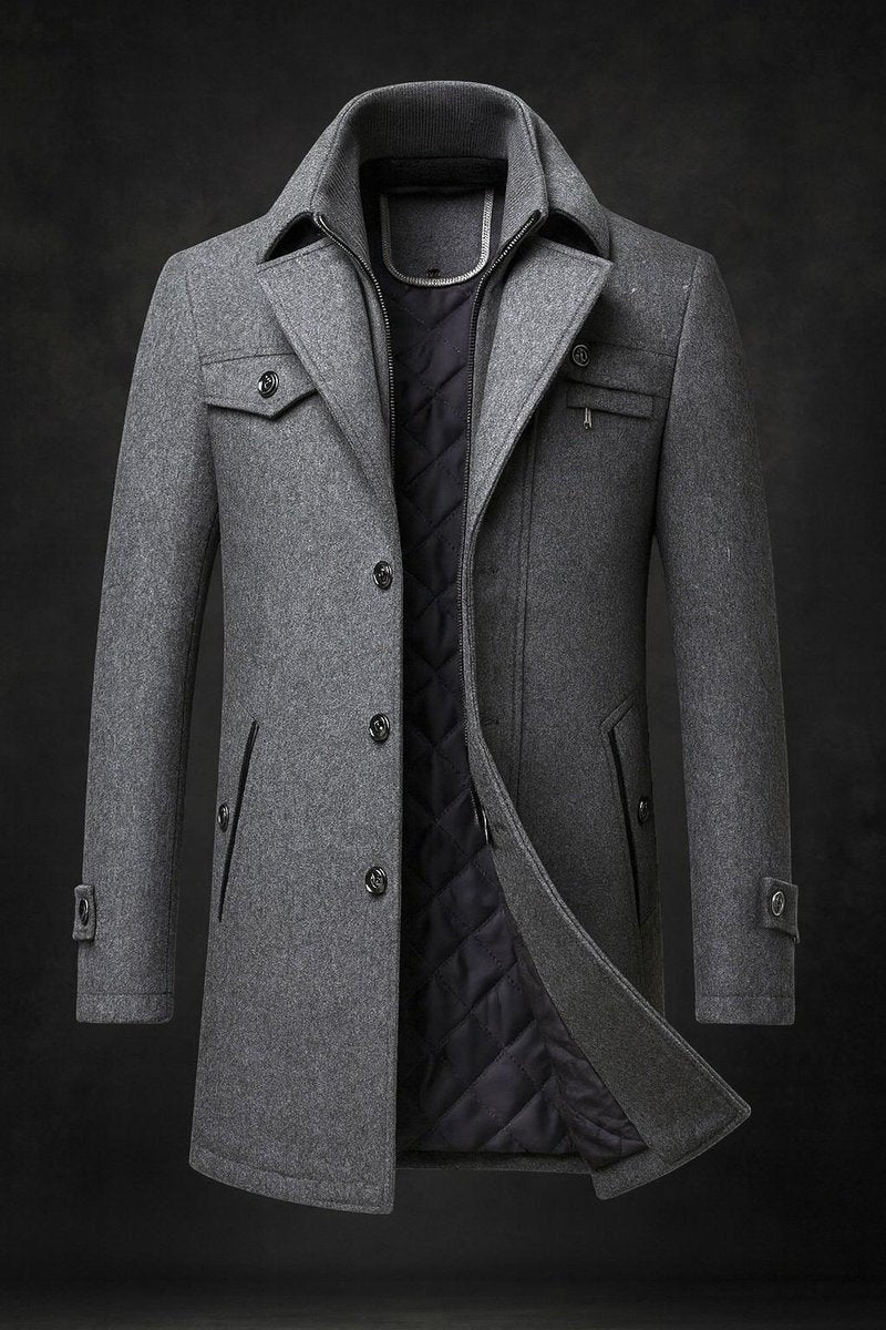 Men's Wool Blend Winter Coat Quilted Lining Double Collar