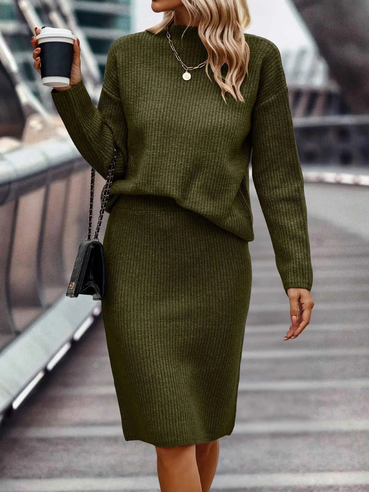 Claire | Women's 2 Piece Sweater Set Turtleneck Knit Midi Skirt
