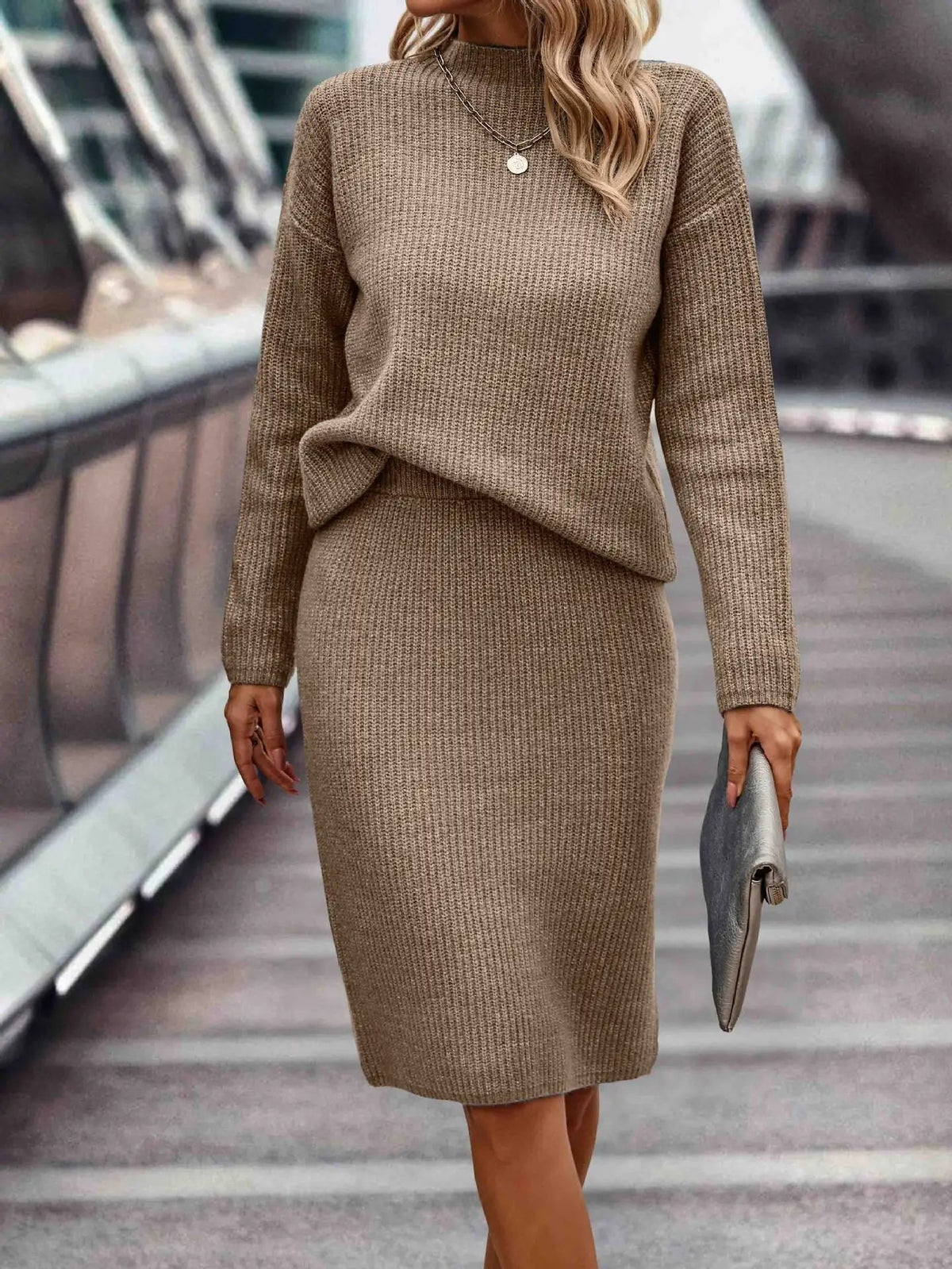 Claire | Women's 2 Piece Sweater Set Turtleneck Knit Midi Skirt