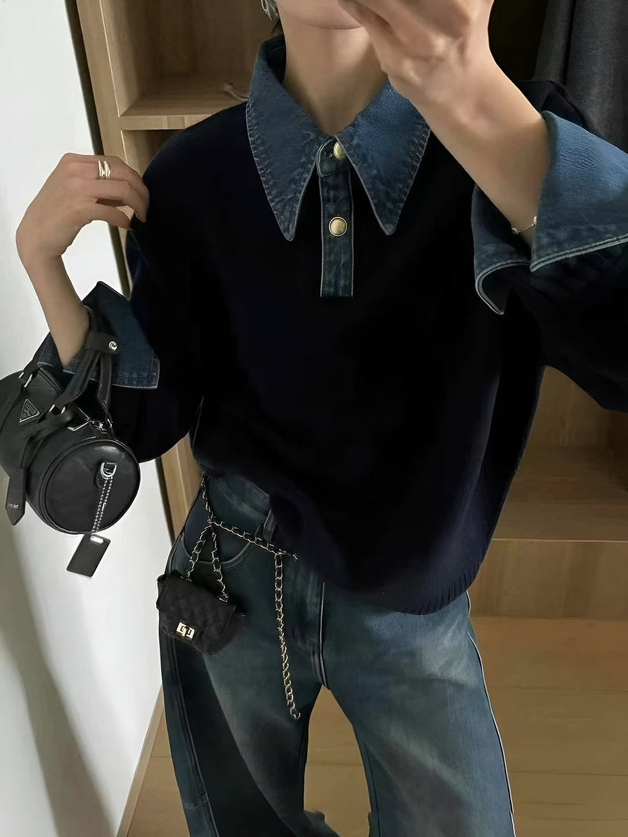 Charlotte | Women's Knit Sweater Denim Collar Patchwork Long Sleeve