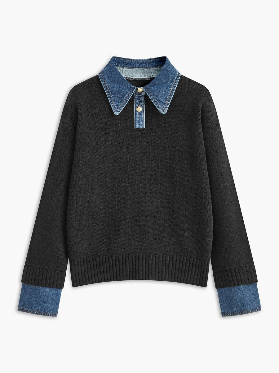 Charlotte | Women's Knit Sweater Denim Collar Patchwork Long Sleeve