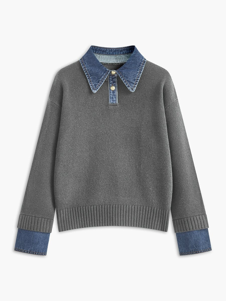 Charlotte | Women's Knit Sweater Denim Collar Patchwork Long Sleeve