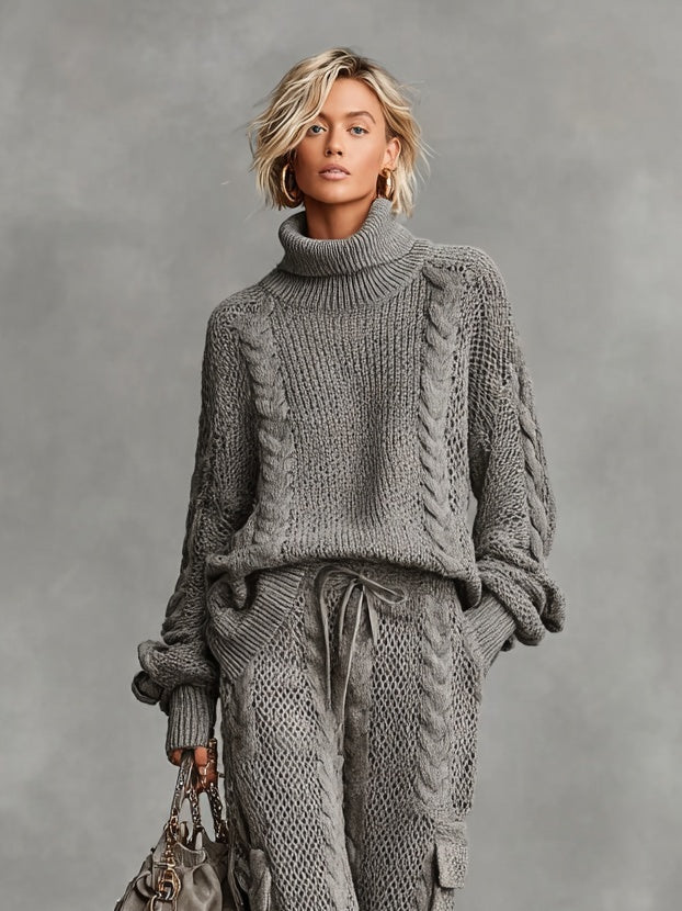 Samantha | Women's Cable Knit Sweater Set Turtleneck Cargo Pants