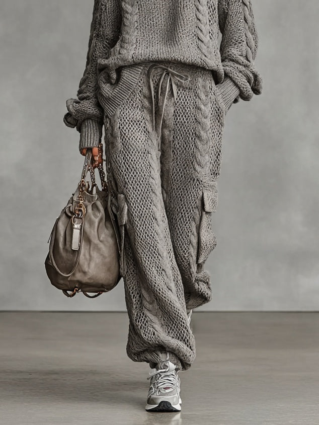 Samantha | Women's Cable Knit Sweater Set Turtleneck Cargo Pants