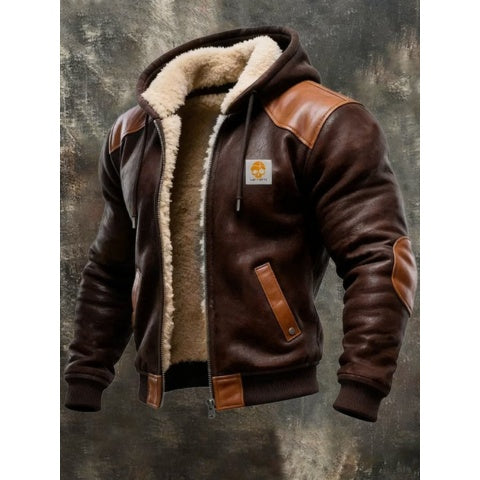 Men's Hooded Winter Leather Jacket Sherpa Lined