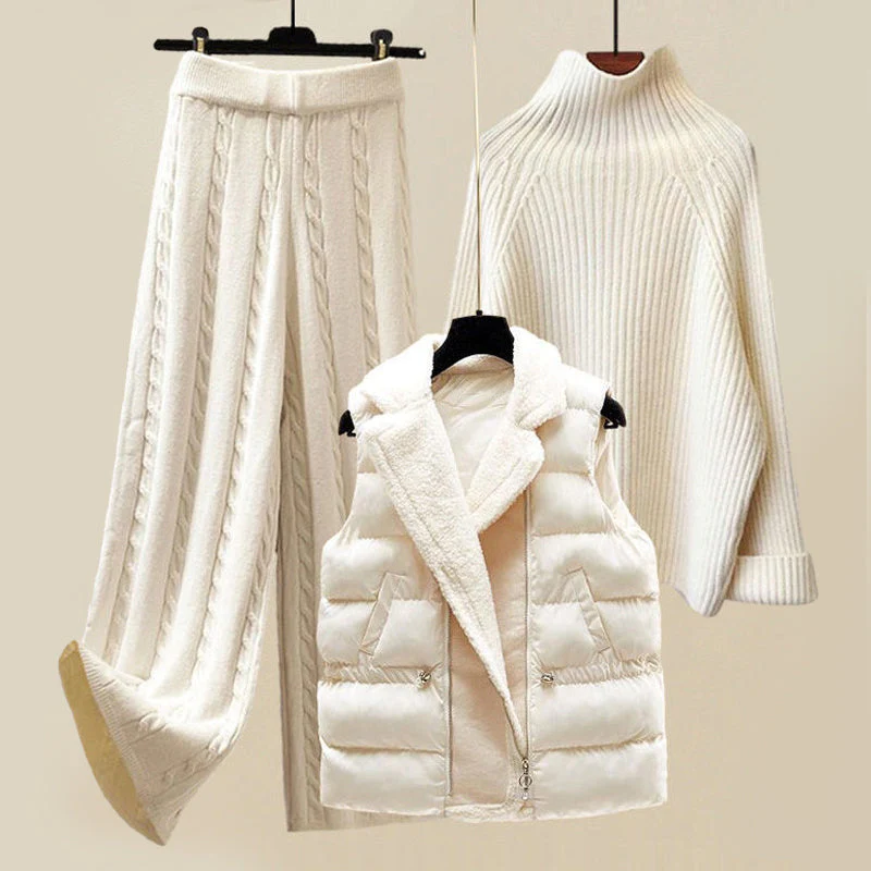 Bella | Women's 3 Piece Knit Set Turtleneck Quilted Vest Wide Leg Pants