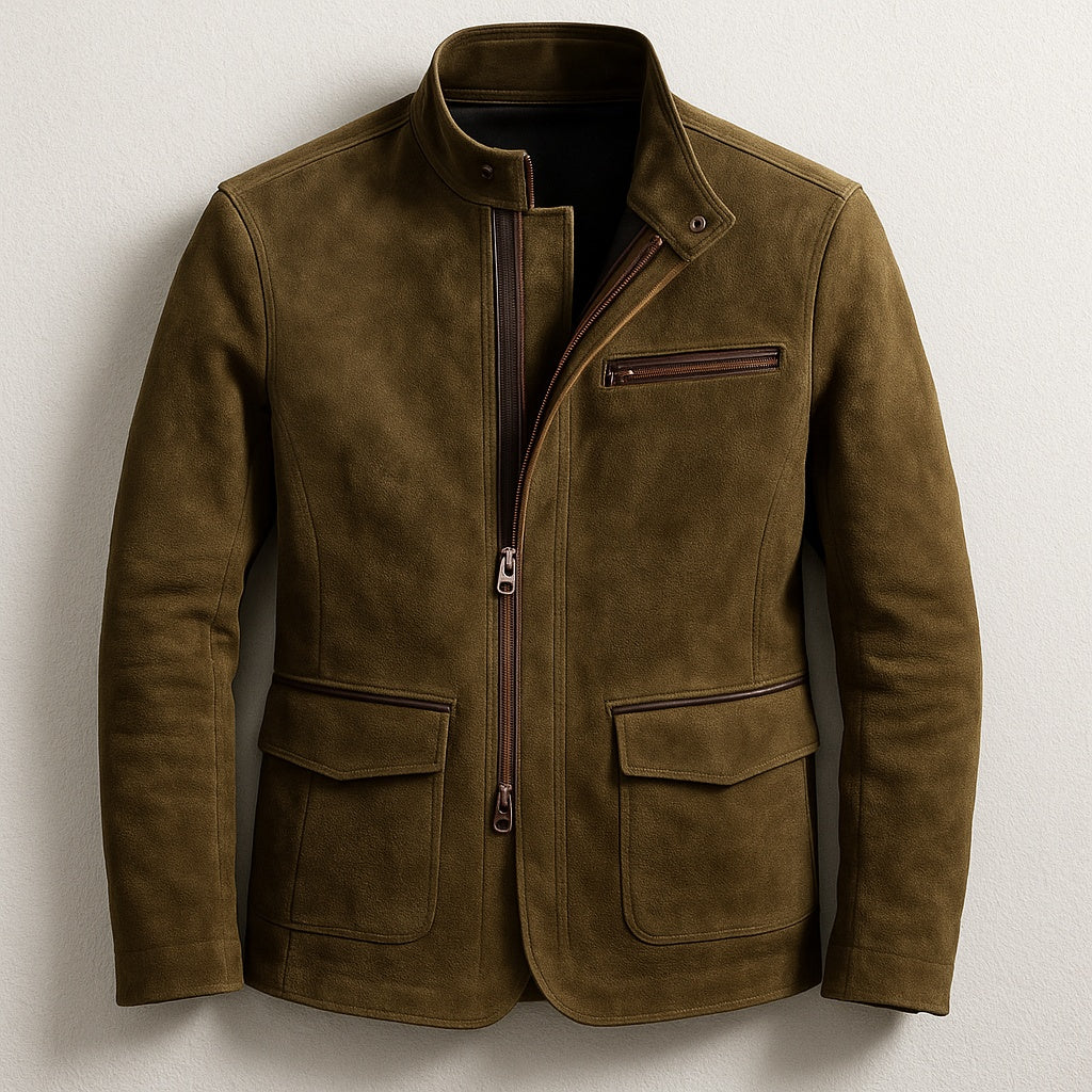 Men's Military Style Suede Jacket Flap Pockets