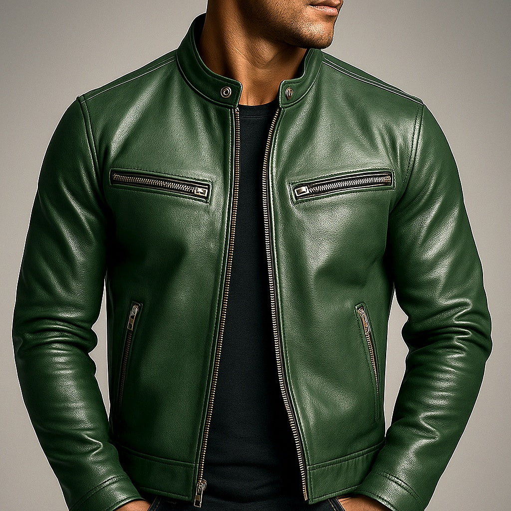 Joshua | Men's Leather Jacket Band Collar Zipper