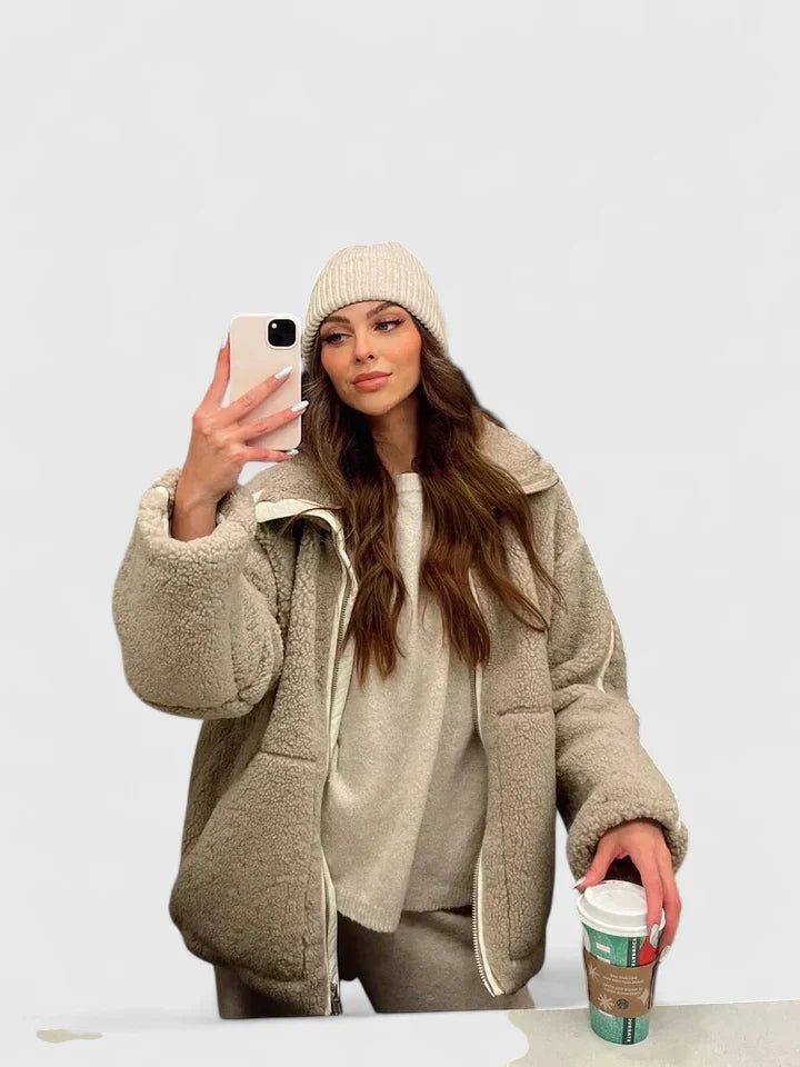 Natalie | Women's Winter Sherpa Coat High Collar Zip Up Teddy Jacket