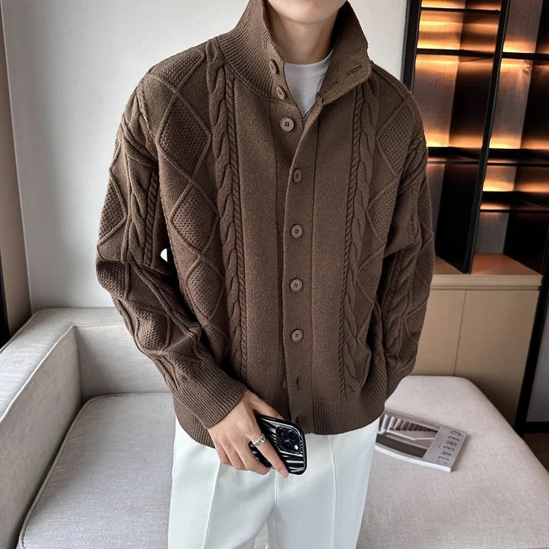 Samuel | Men's Cable Knit Cardigan Sweater High Collar Button Up