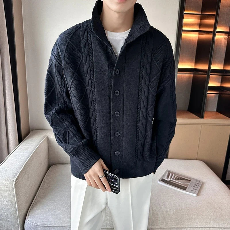 Samuel | Men's Cable Knit Cardigan Sweater High Collar Button Up
