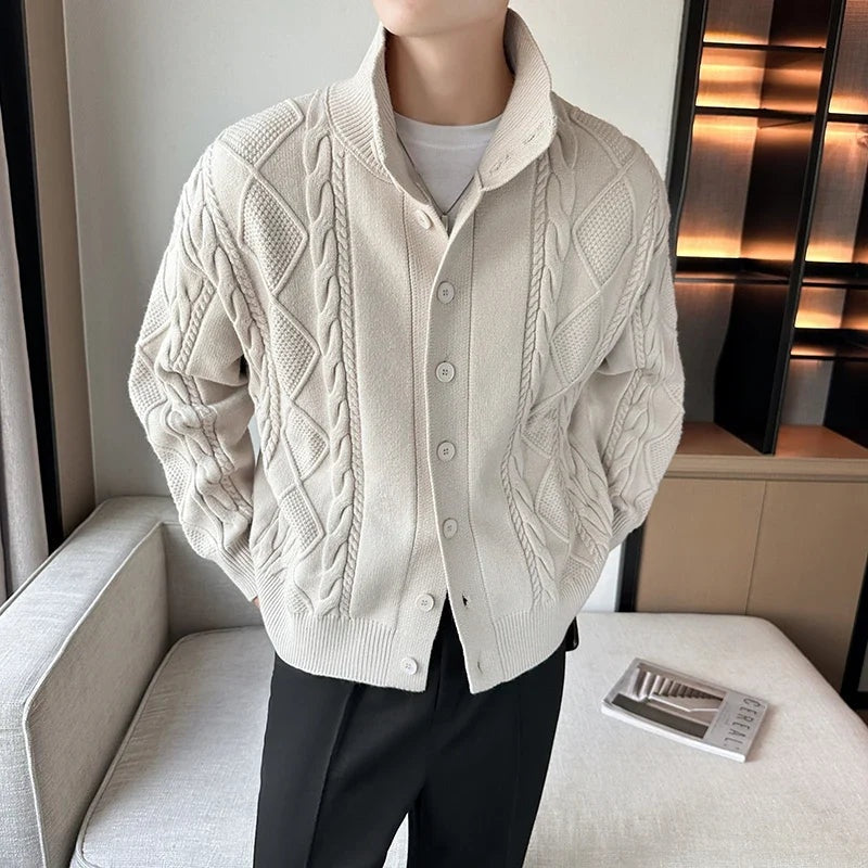 Samuel | Men's Cable Knit Cardigan Sweater High Collar Button Up