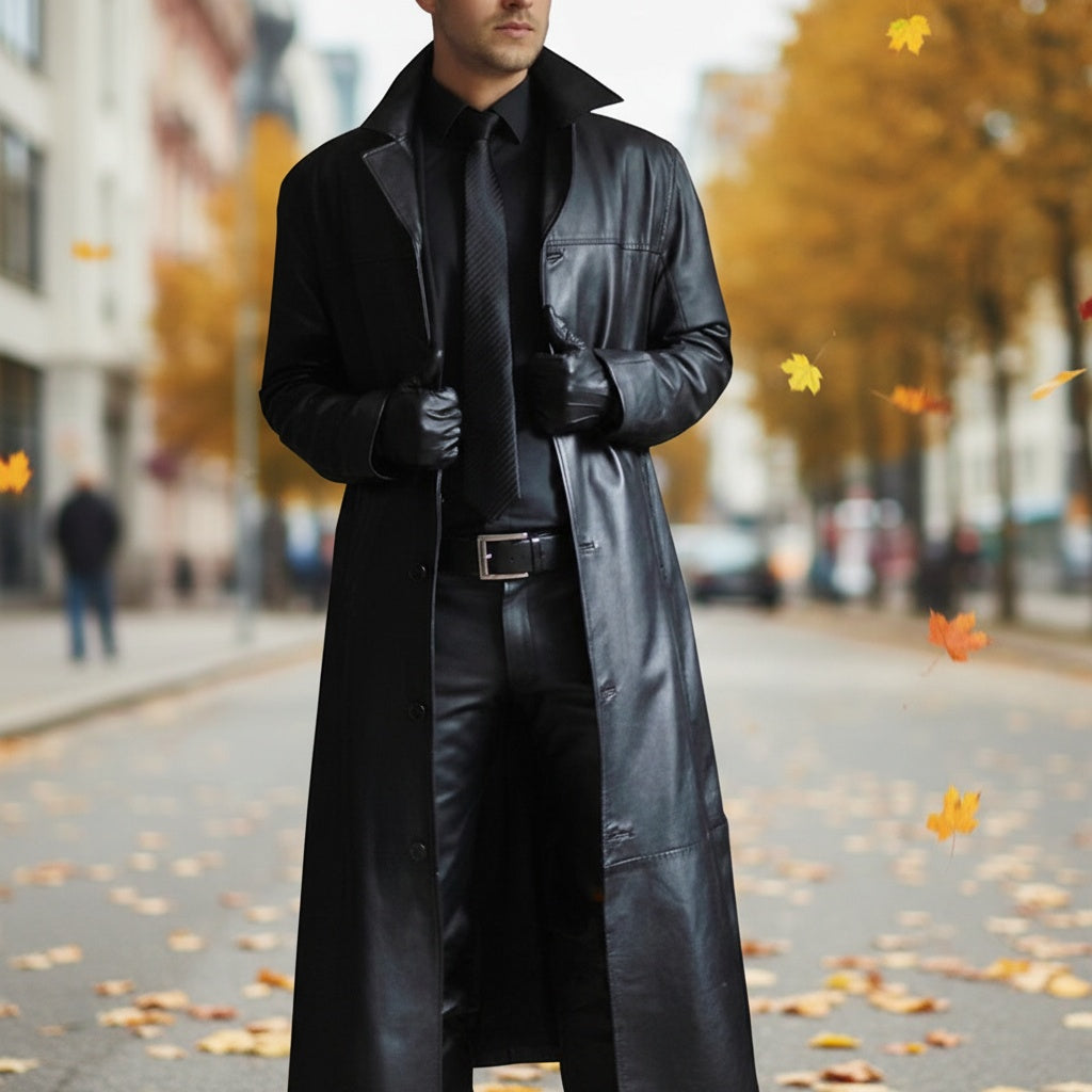 Shane | Men's Long Leather Jacket Lapel Collar