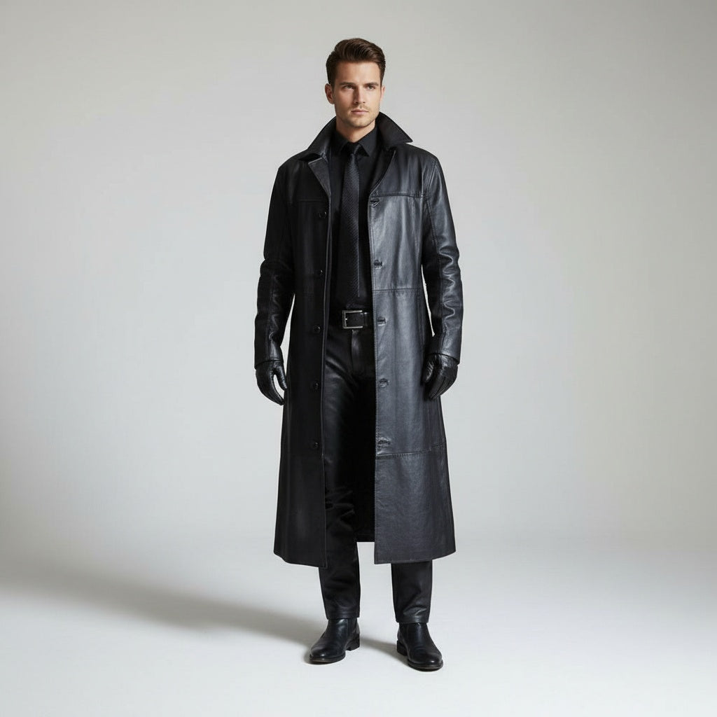 Shane | Men's Long Leather Jacket Lapel Collar