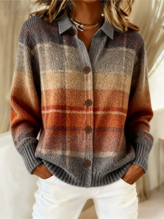 Isabella | Women's Plaid Knit Cardigan Sweater Lapel Collar Button Up