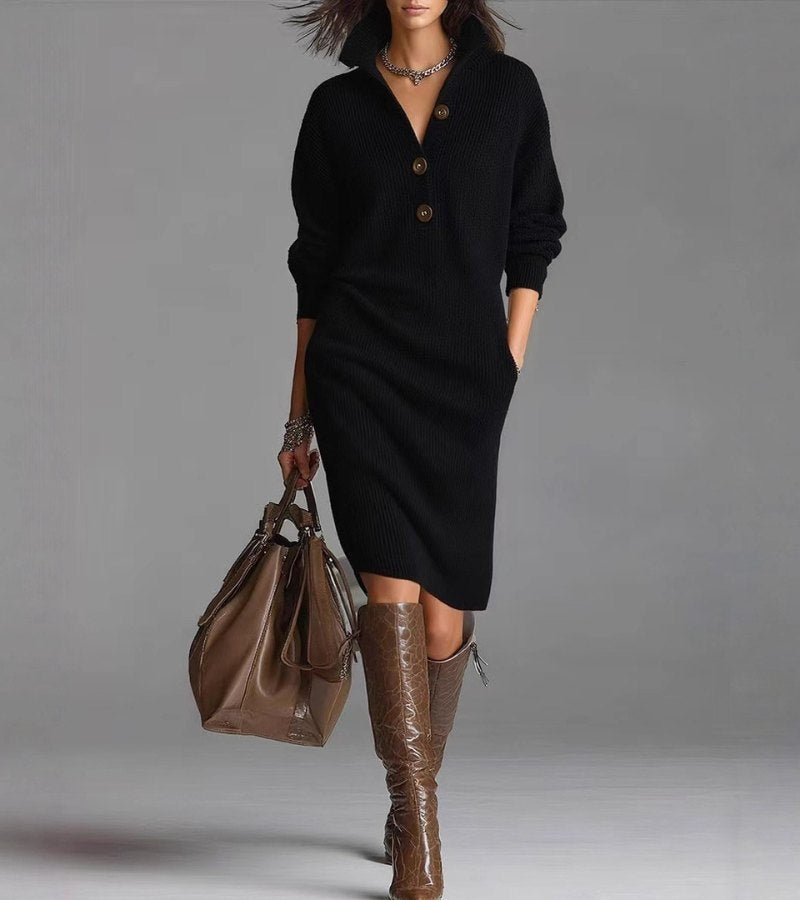 Luna | Women's Midi Winter Sweater Dress Long Sleeve Polo Collar Buttons