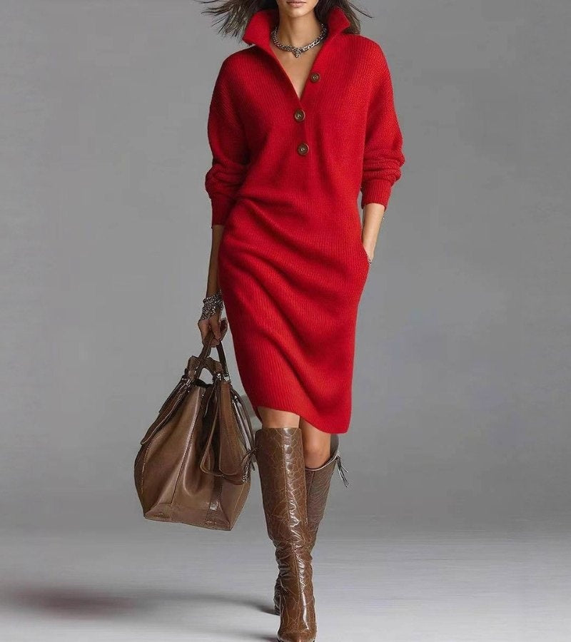 Luna | Women's Midi Winter Sweater Dress Long Sleeve Polo Collar Buttons