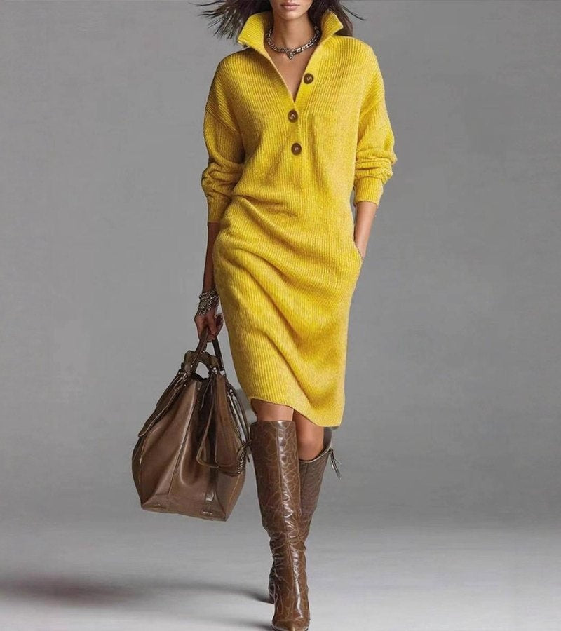 Luna | Women's Midi Winter Sweater Dress Long Sleeve Polo Collar Buttons
