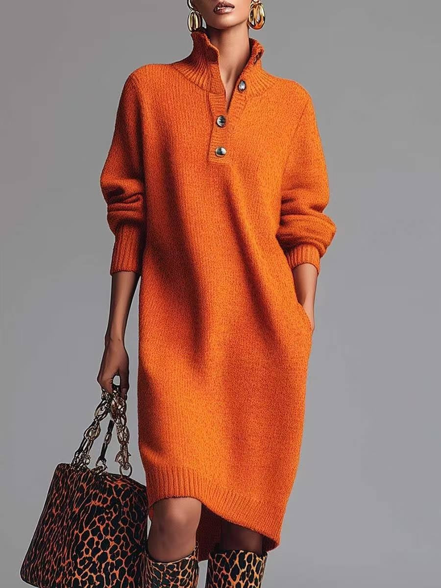 Luna | Women's Midi Winter Sweater Dress Long Sleeve Polo Collar Buttons
