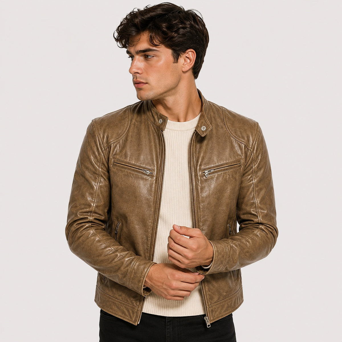Men's Faux Leather Jacket Stand Collar Zip Up