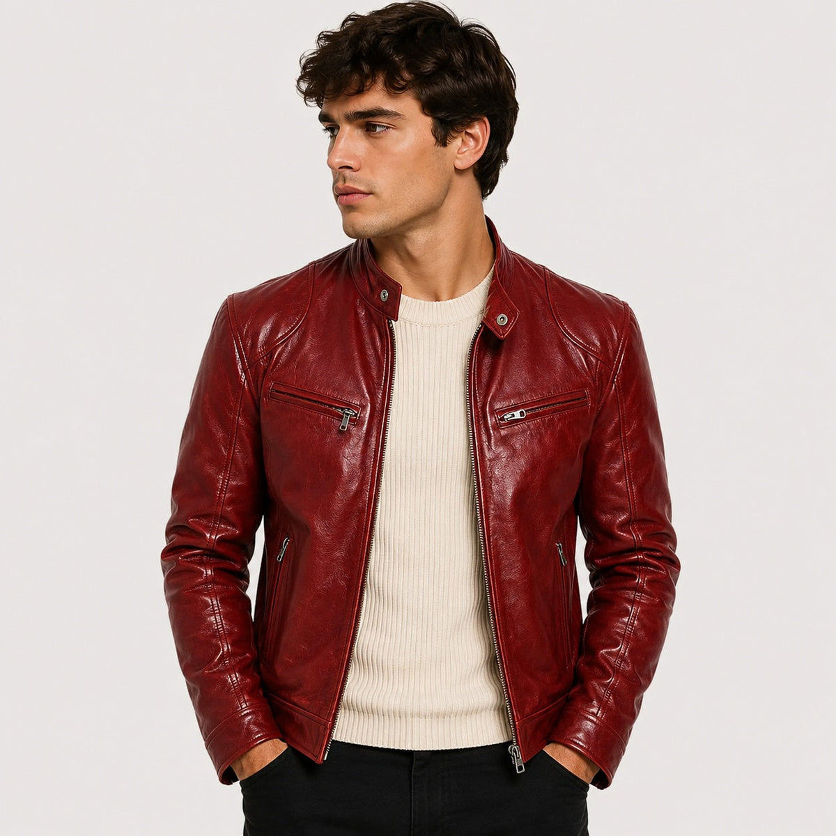 Men's Faux Leather Jacket Stand Collar Zip Up