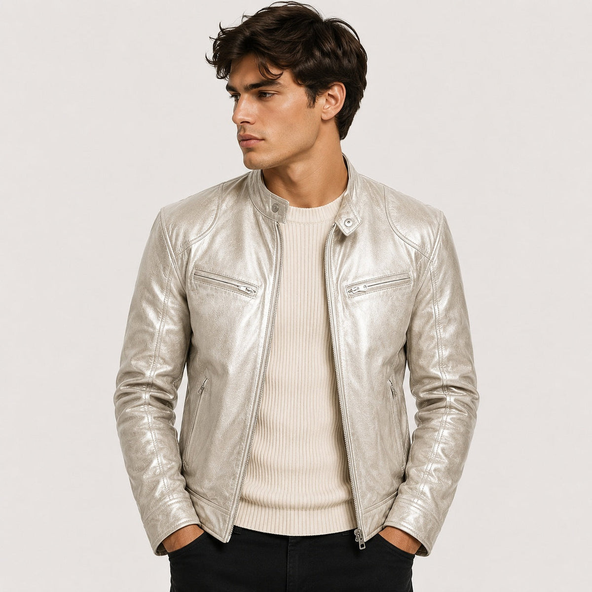 Men's Faux Leather Jacket Stand Collar Zip Up