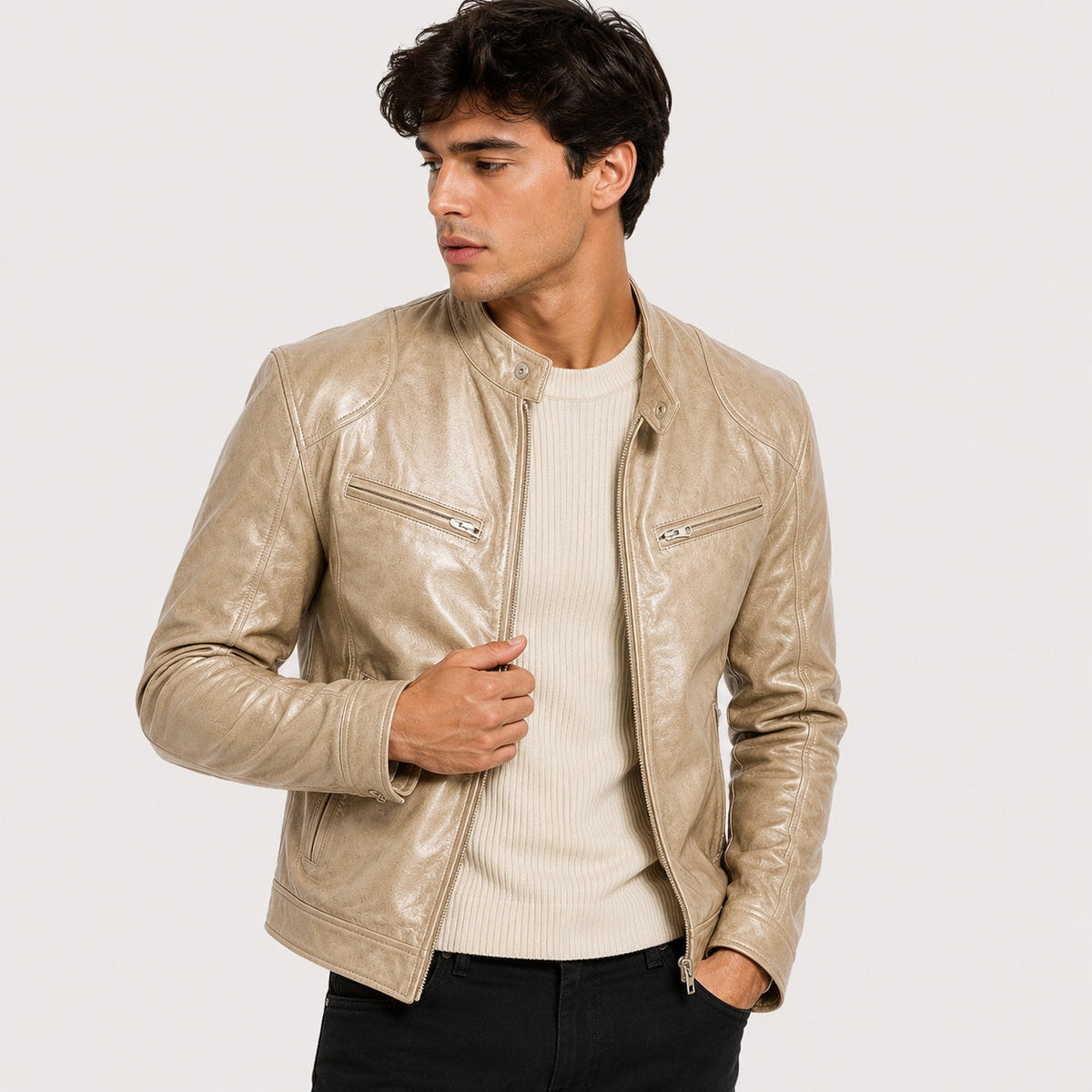 Men's Faux Leather Jacket Stand Collar Zip Up