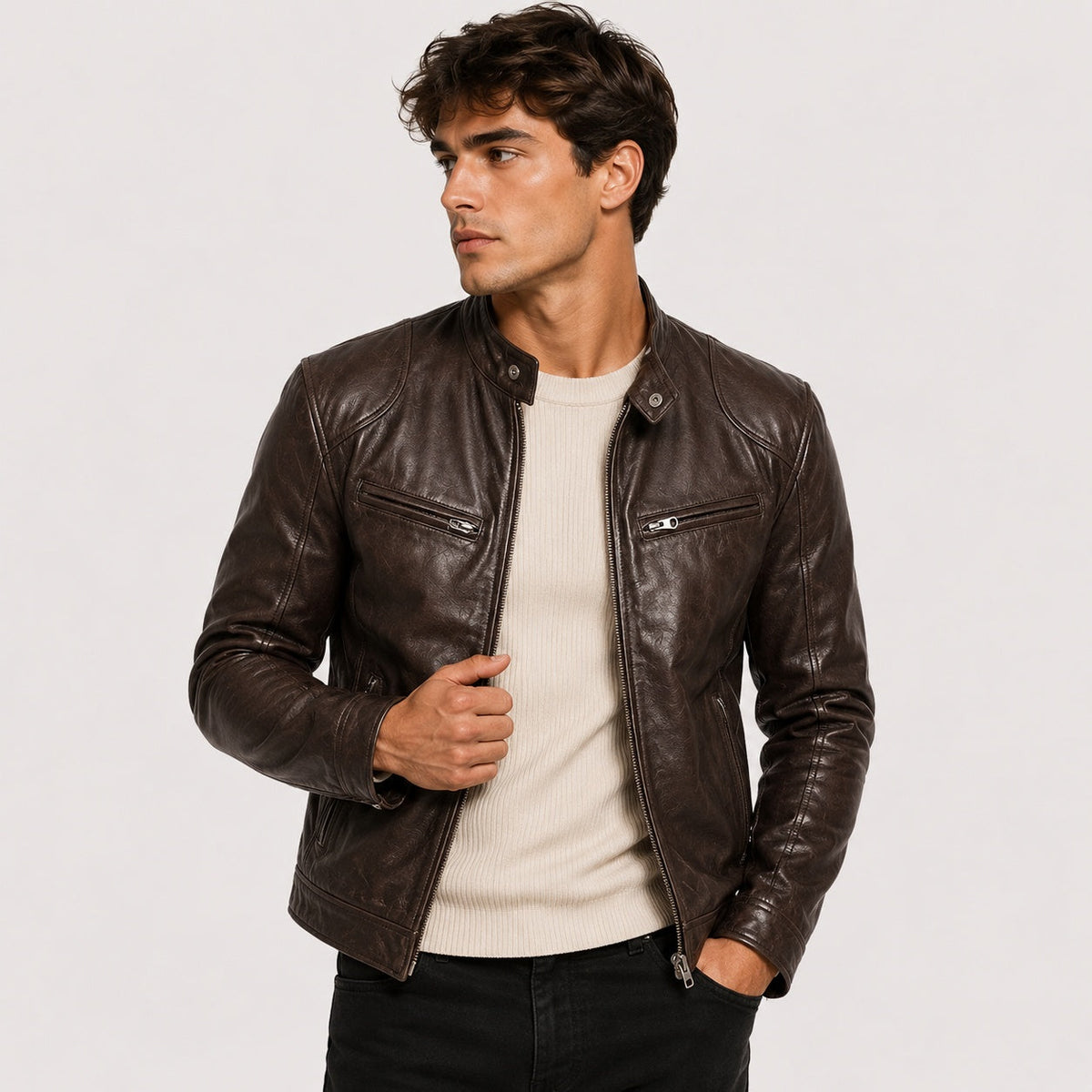 Men's Faux Leather Jacket Stand Collar Zip Up