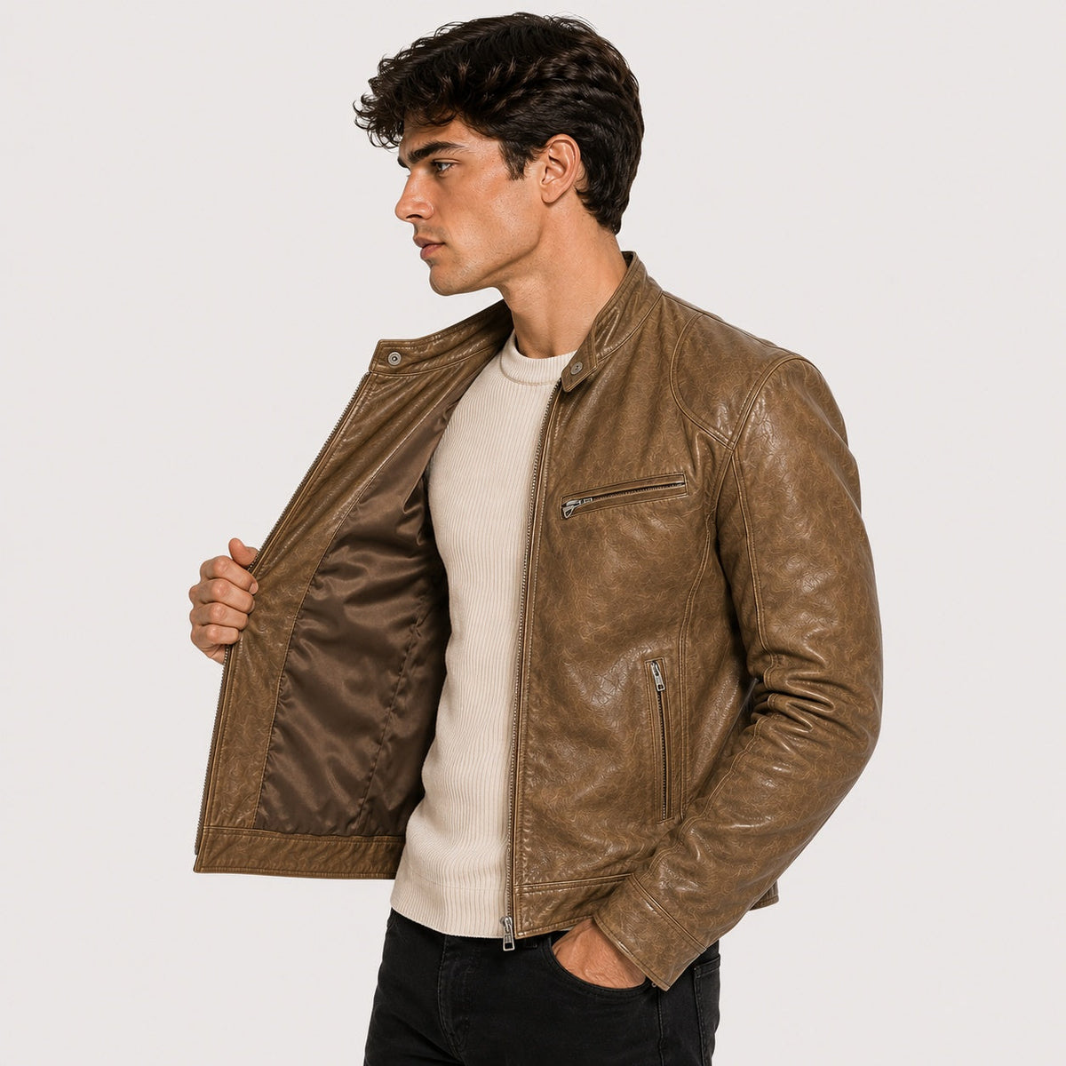 Men's Faux Leather Jacket Stand Collar Zip Up