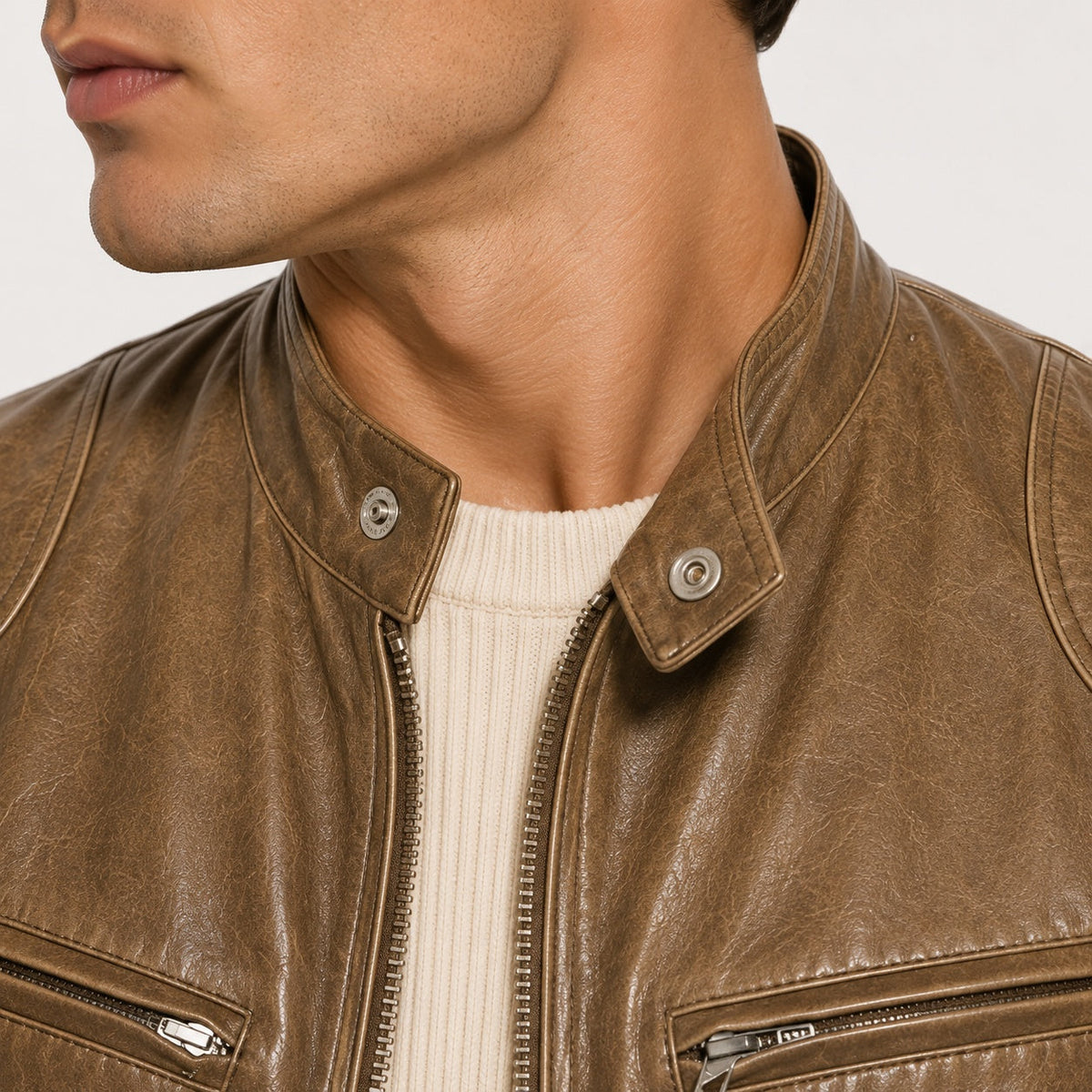 Men's Faux Leather Jacket Stand Collar Zip Up
