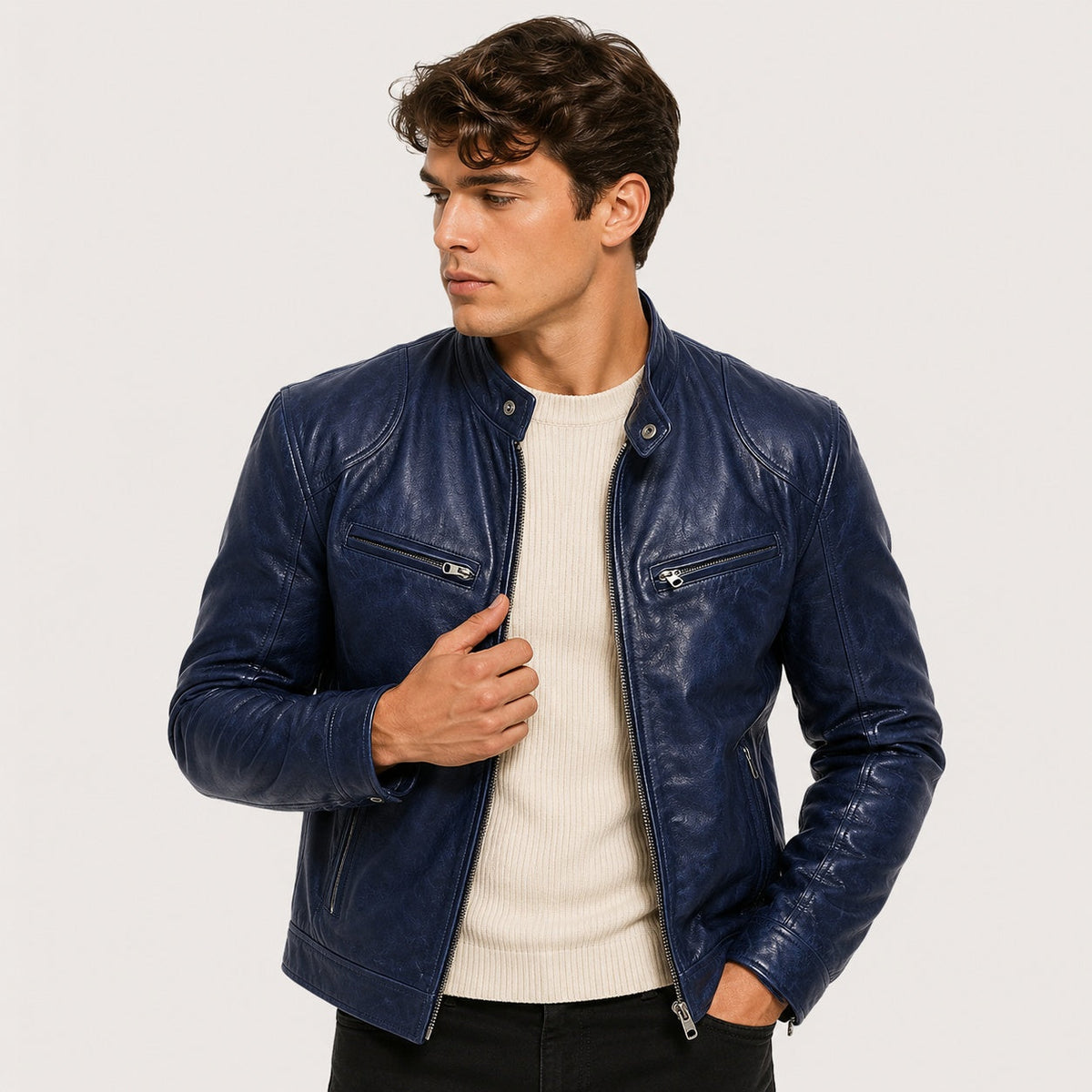 Men's Faux Leather Jacket Stand Collar Zip Up