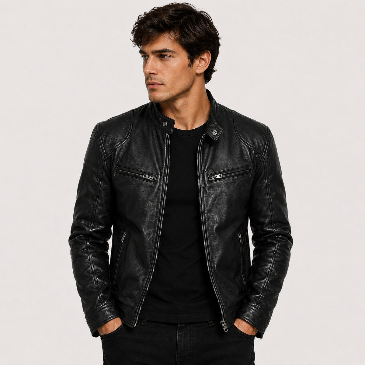 Men's Faux Leather Jacket Stand Collar Zip Up