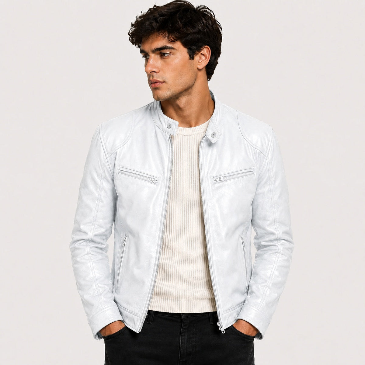 Men's Faux Leather Jacket Stand Collar Zip Up