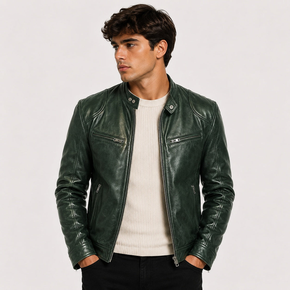 Men's Faux Leather Jacket Stand Collar Zip Up