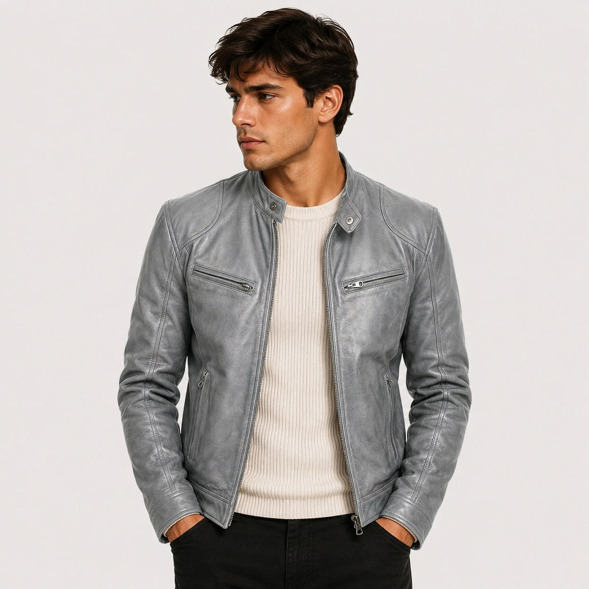 Men's Faux Leather Jacket Stand Collar Zip Up