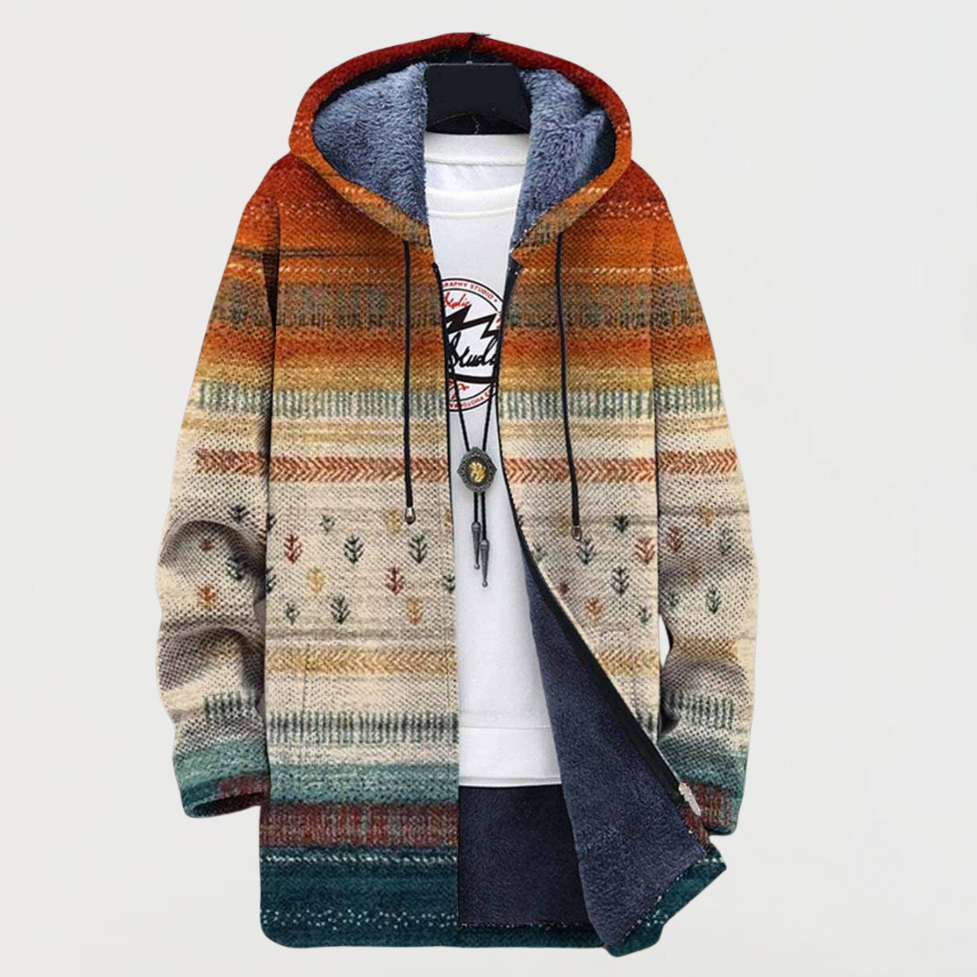 Men's Aztec Print Long Winter Coat Hooded Fleece Lined