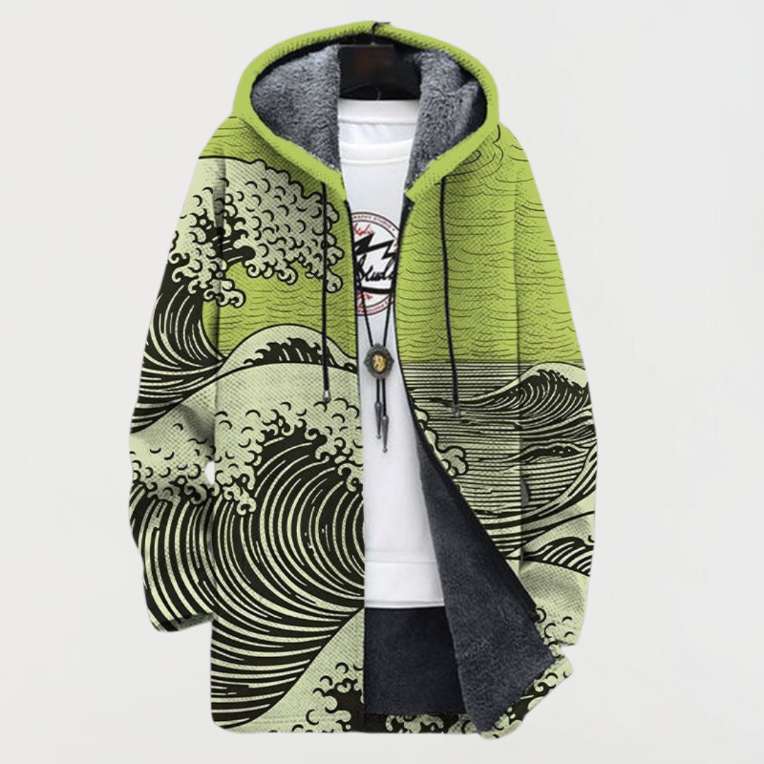 Men's Aztec Print Long Winter Coat Hooded Fleece Lined