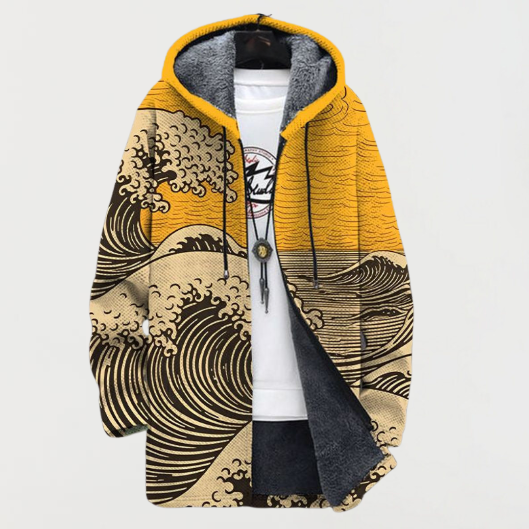 Men's Aztec Print Long Winter Coat Hooded Fleece Lined