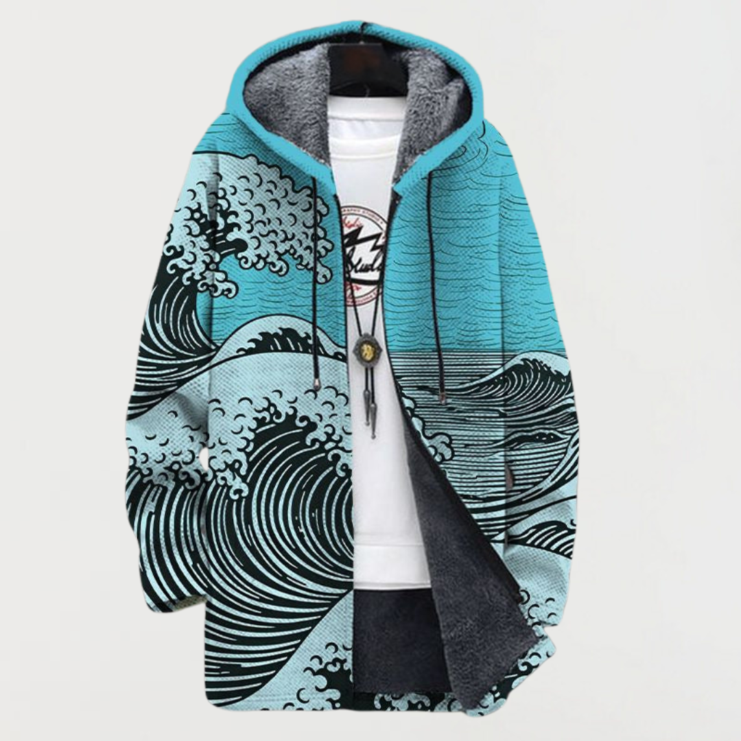 Men's Aztec Print Long Winter Coat Hooded Fleece Lined