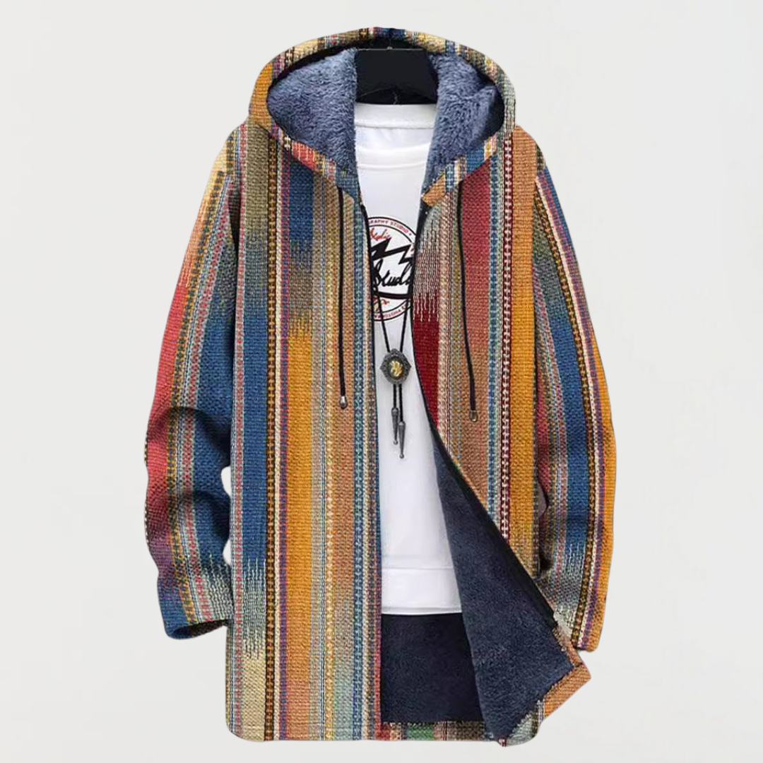 Men's Aztec Print Long Winter Coat Hooded Fleece Lined