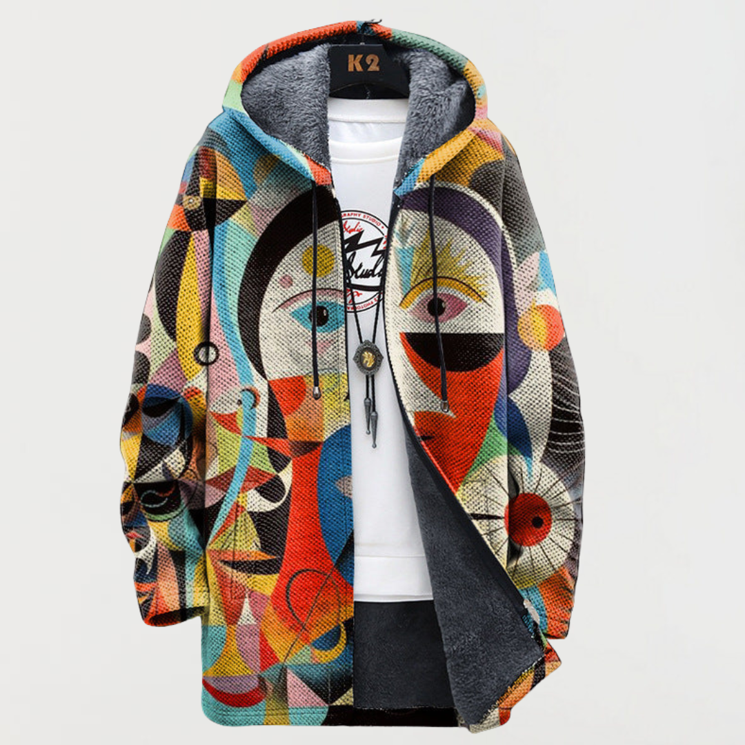 Men's Aztec Print Long Winter Coat Hooded Fleece Lined