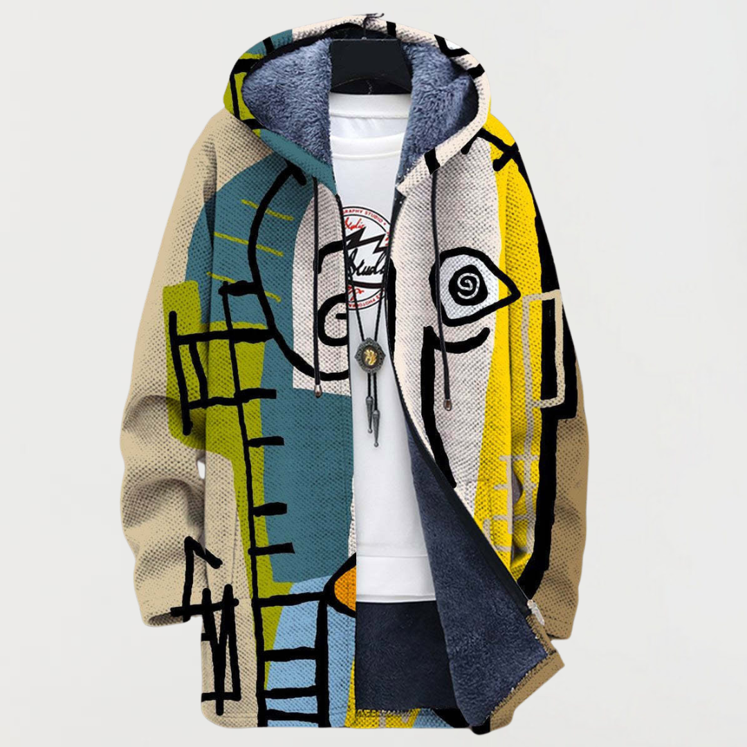 Men's Aztec Print Long Winter Coat Hooded Fleece Lined