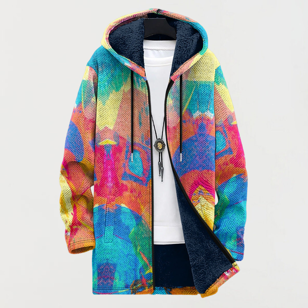 Men's Aztec Print Long Winter Coat Hooded Fleece Lined