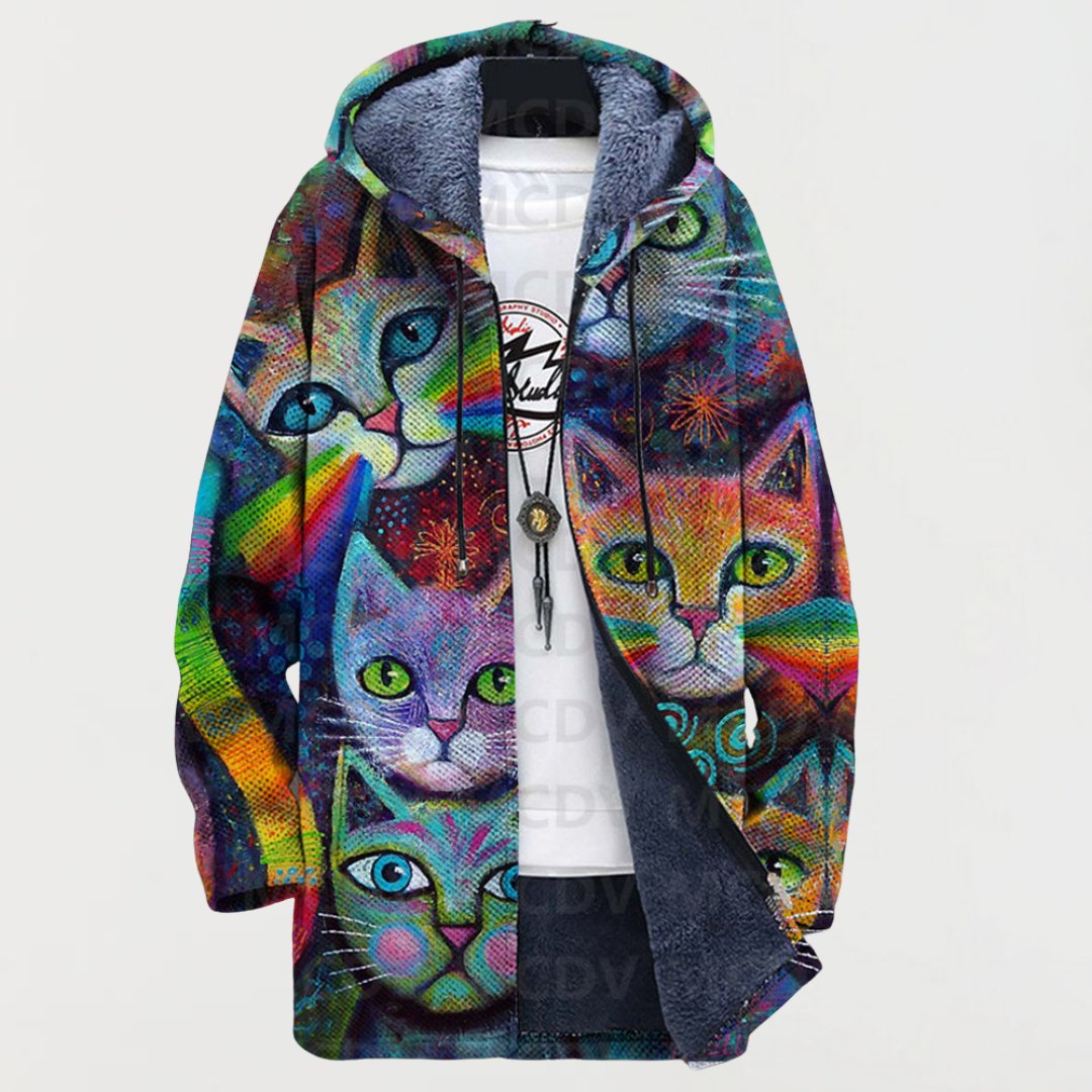 Men's Aztec Print Long Winter Coat Hooded Fleece Lined
