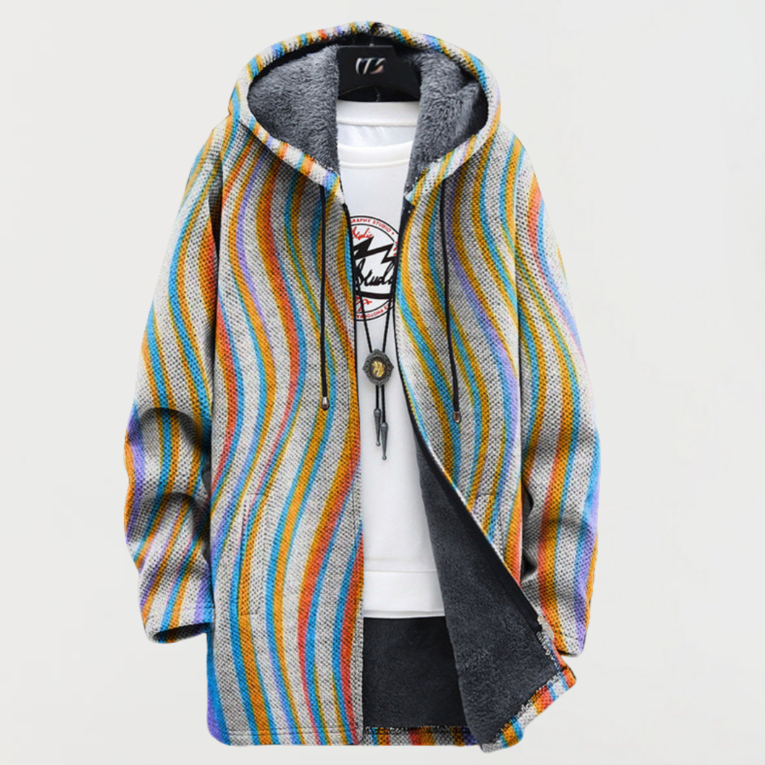 Men's Aztec Print Long Winter Coat Hooded Fleece Lined
