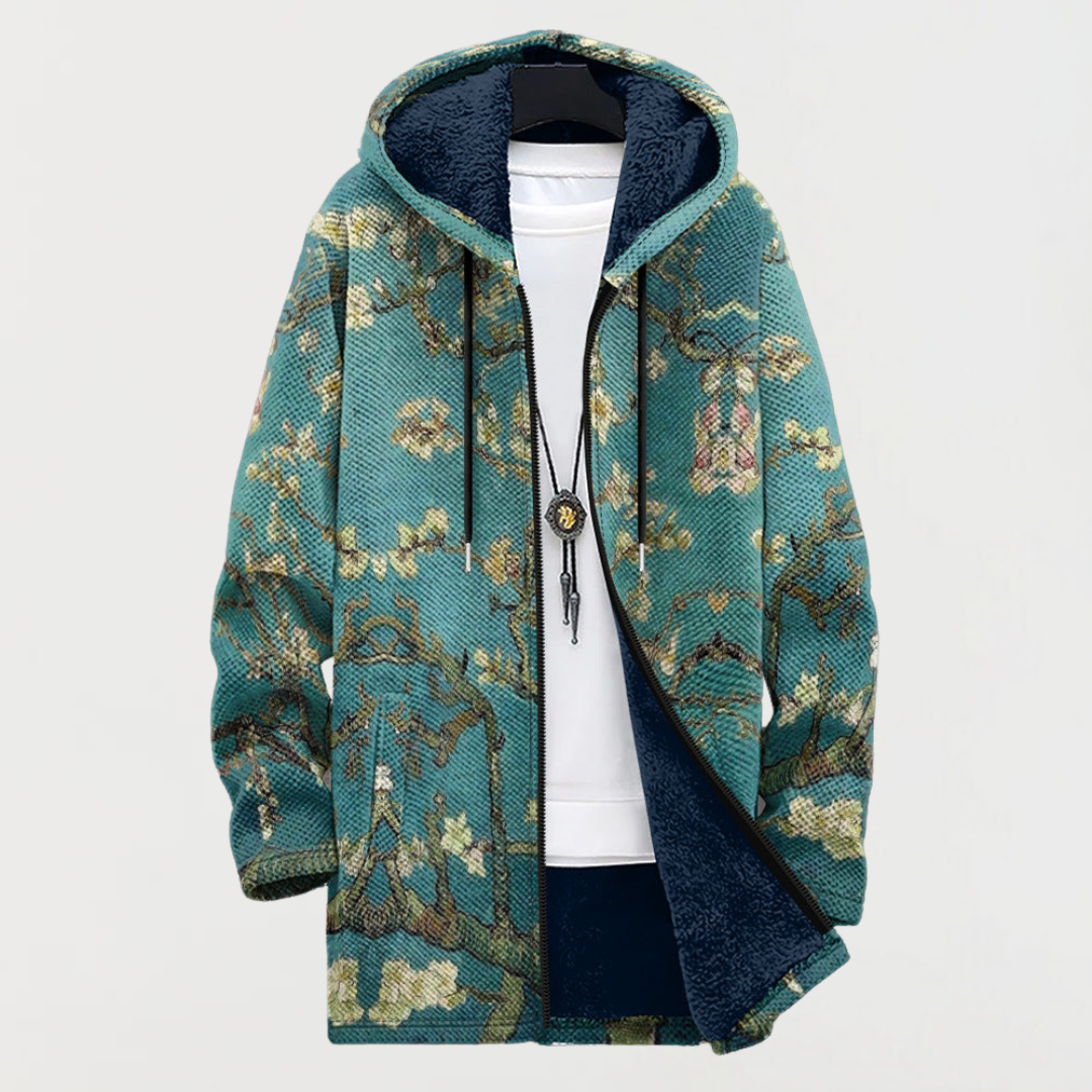 Men's Aztec Print Long Winter Coat Hooded Fleece Lined