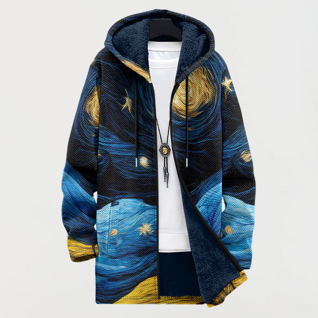 Men's Aztec Print Long Winter Coat Hooded Fleece Lined