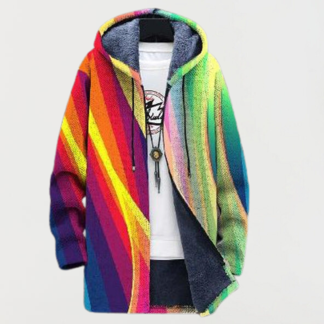 Men's Aztec Print Long Winter Coat Hooded Fleece Lined