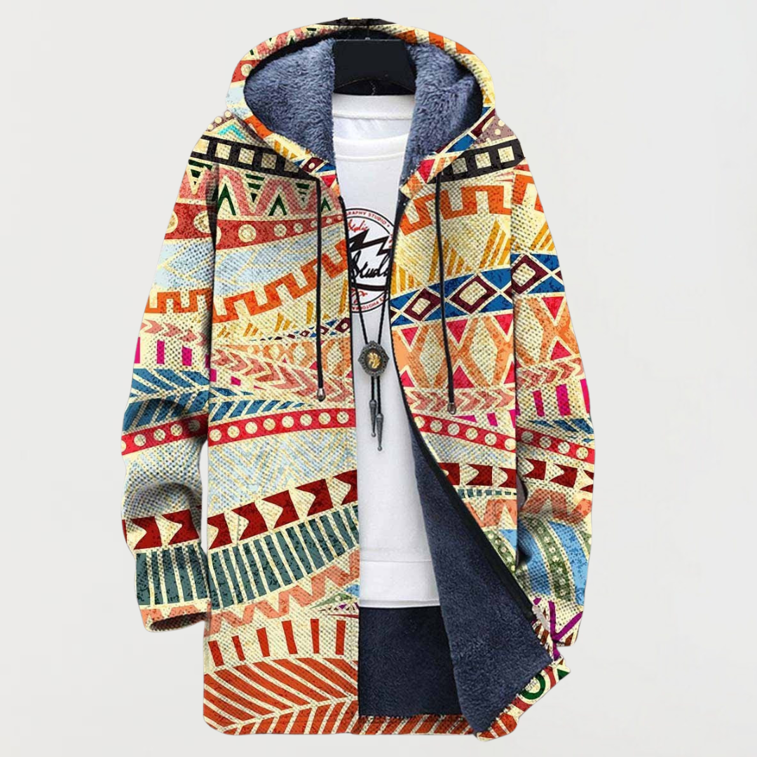 Men's Aztec Print Long Winter Coat Hooded Fleece Lined